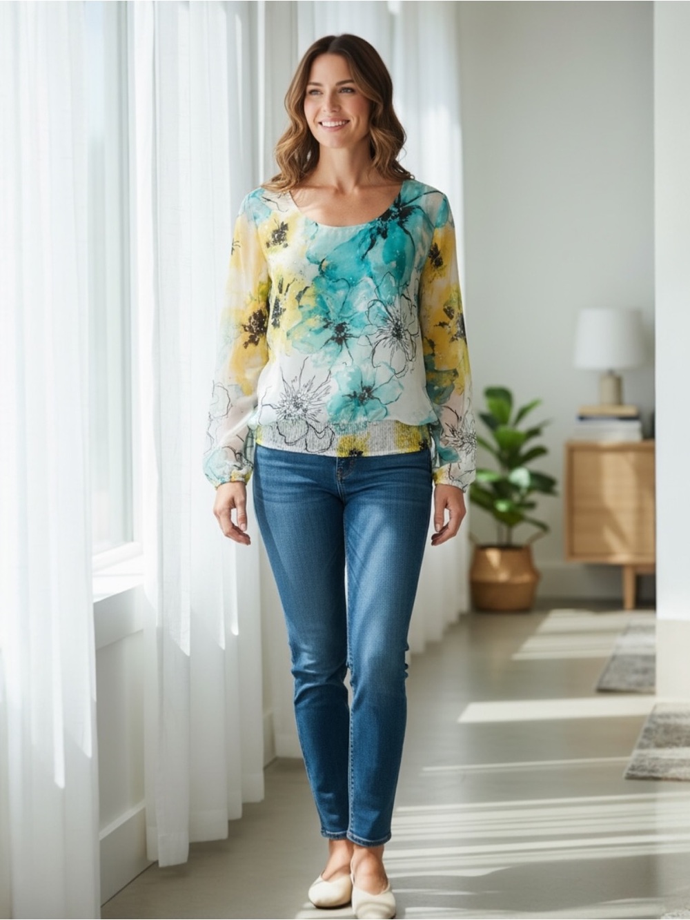 Alfani Teal & Yellow Watercolor Floral Sheer Blouse